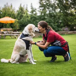 A heartwarming image of a service dog providing emotional support to an individual with diabetes, highlighting the important role of pets in blood sugar control.