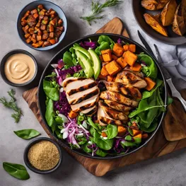 A close-up photograph of a perfectly balanced meal consisting of a colorful salad, grilled chicken, and a side of roasted sweet potatoes, highlighting the importance of nutrient-dense food choices for stabilizing blood sugar levels during busy business travels.