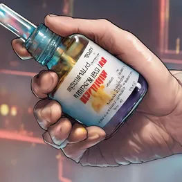 A close-up image of a human hand holding a vial of insulin, showcasing the fine details of the label and the transparent liquid inside.