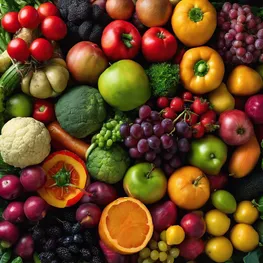 A close-up photograph of a variety of fruits and vegetables arranged in a visually appealing and colorful display, highlighting their different textures and colors.