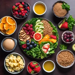 An image of a beautifully arranged plate of colorful and nutritious foods, including leafy greens, vibrant fruits, whole grains, and lean proteins, showcasing the power of balanced and wholesome meals in controlling blood sugar levels.
