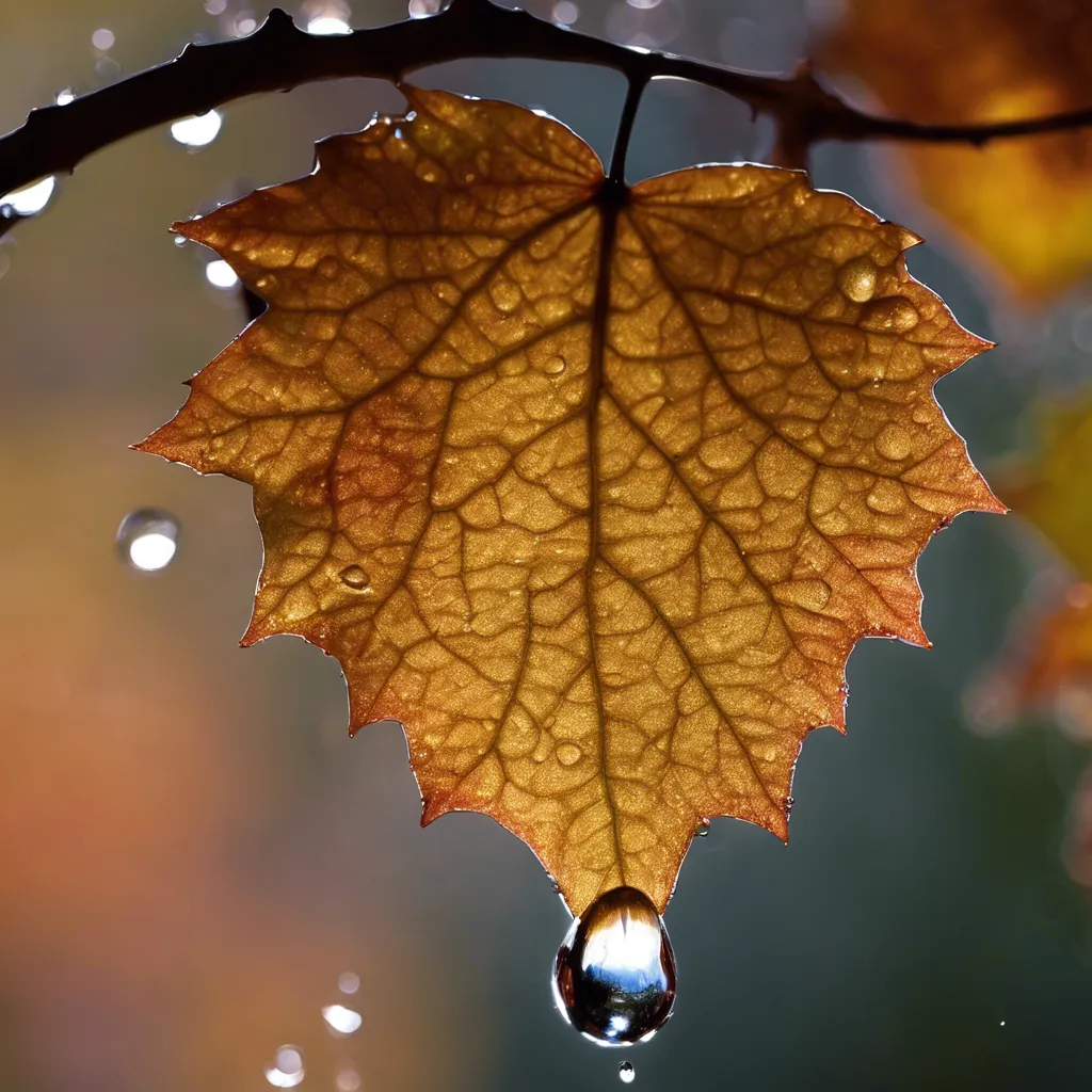 A close-up photograph of a raindrop gently landing on a maple leaf, exploring the concept of how weather patterns, such as rain or humidity, can impact blood sugar stability in individuals with diabetes.