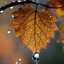 A close-up photograph of a raindrop gently landing on a maple leaf, exploring the concept of how weather patterns, such as rain or humidity, can impact blood sugar stability in individuals with diabetes.