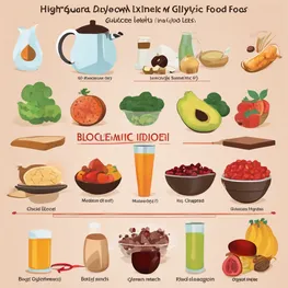 An illustration depicting the breakdown of the glycemic index, with a range of foods categorized into low, medium, and high glycemic index levels, providing a visual guide to understanding the impact of different foods on blood sugar levels.