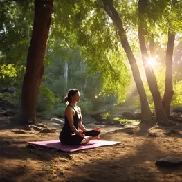 A serene image of a person practicing yoga and meditation in a peaceful natural setting, with sunlight filtering through the trees, creating a tranquil atmosphere. The person is sitting cross-legged, eyes closed, with their hands gently resting on their knees, exuding a sense of calm and focus.